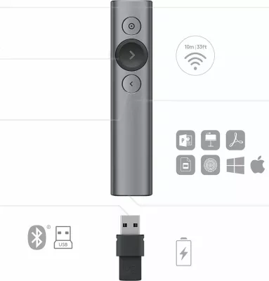 Telekomandë prezantimi Logitech Spotlight 910-004861 30 m Bluetooth/2.4 GHz me kasë, argjendtë