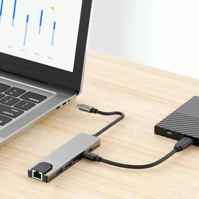 Adapter HUB Tech-Protect HB02 6in1, USB-C, USB 2.0, USB 3.0, HDMI 4K, RJ45, PD 100W, Gri