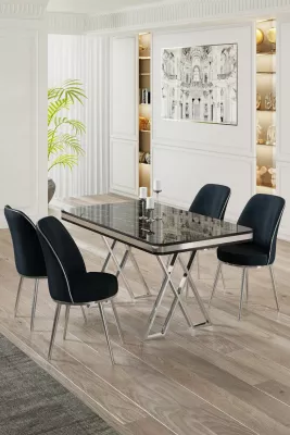 Set tavoline me karrige për ngrënie, ngjyrë mermeri të zi, krom, antracit, 5 pjesë, Skye Decor