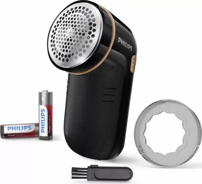 Makinë heqëse pushi për rroba Philips GC026/80, me bateri 2xAA, e zezë, set me 2xAA + brushë pastrimi + adaptor rregullimi lartësie