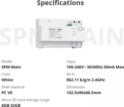Ndërprerës inteligjent Sonoff SPM-Main, matës i energjisë, Wi-Fi/Ethernet, i bardhë