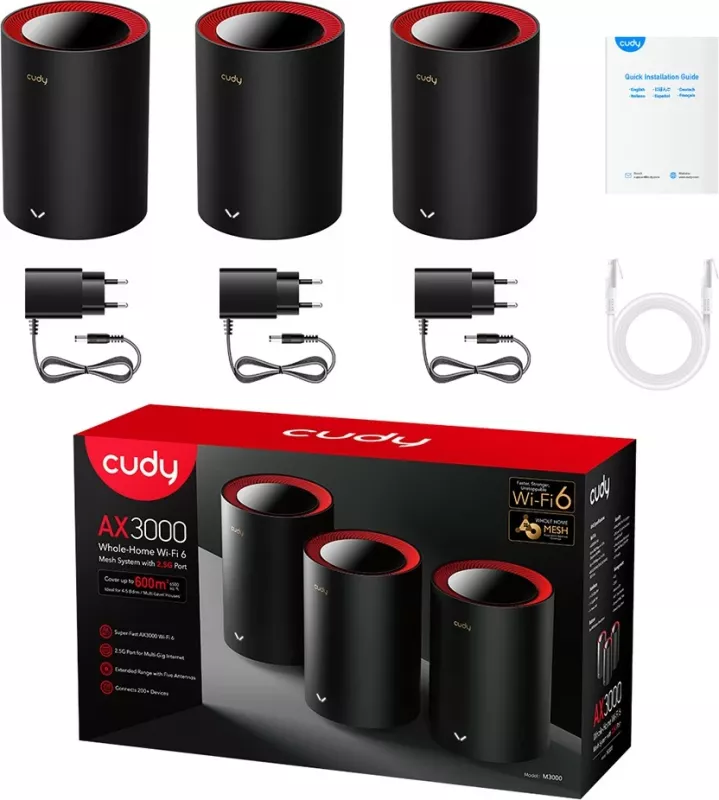 Sistem mesh Cudy M3000, Wi-Fi 6, 3-Pako, 650 m², i zi, i kuq