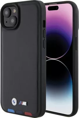 Mbështjellës BMW BMHCP15M22PTDK për iPhone 15 Plus 6.7", Leather Stamp Tricolor, zi