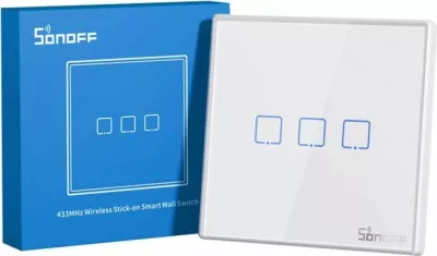 Ndërprerës smart muri SONOFF T2EU3C-RF, 433MHz RF, 3-tastësh, standard EU, i bardhë