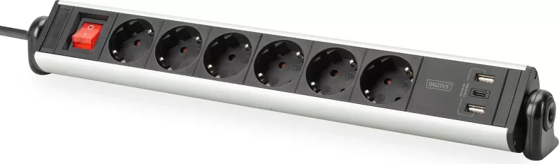 Rrymë shirit Digitus 6-porta me 3x USB, 1.5 m, e brendshme, Type F, alumini, e zezë, argjend
