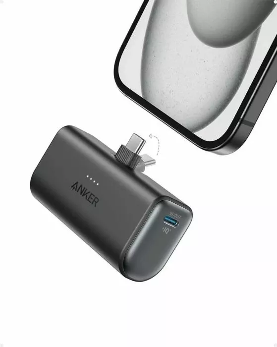 Powerbank Anker Nano 5K A1653H11 5000mAh 22.5W USB-C me konektor të palosshëm, e zezë, set me kabllo USB-C në USB-C 0.6m