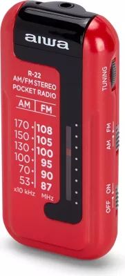 Radio xhepi AM/FM, Aiwa R-22, HyperBASS, tunim analog ETS, me kufje in-ear, e kuqe, set me bateri AAA
