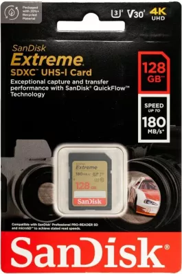 Kartelë memorje SDXC, SanDisk Extreme SDSDXVA-128G-GNCIN, 128GB, UHS-I U3 V30, 180MB/s leximi 90MB/s shkrimi, me RescuePRO Deluxe 1 vjet