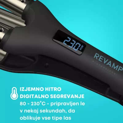 Hekur valëzues për flokë Revamp Progloss Wave Define WV-1750, triple 19 mm, 80–230°C, zi/argjendtë, me dorezë termike