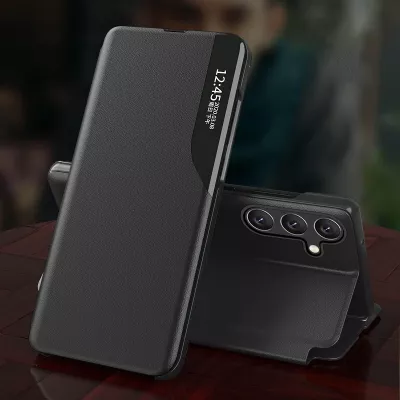 Mbështjellës Hurtel Eco Leather View Case për Samsung Galaxy A54 5G, me kapak dhe qëndrim, e zezë