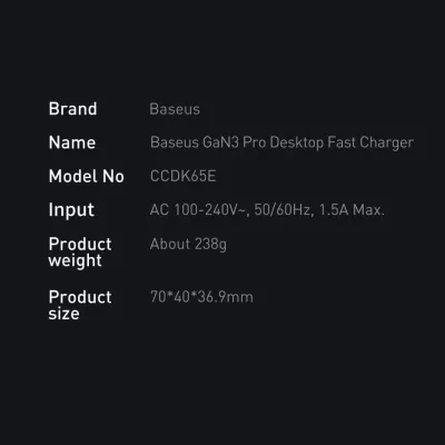 Karikues Baseus GaN3 Pro CCDK65E 65W 2x USB-C 2x USB-A me kabllo USB-C në USB-C 1m, i zi (CCGP040101)