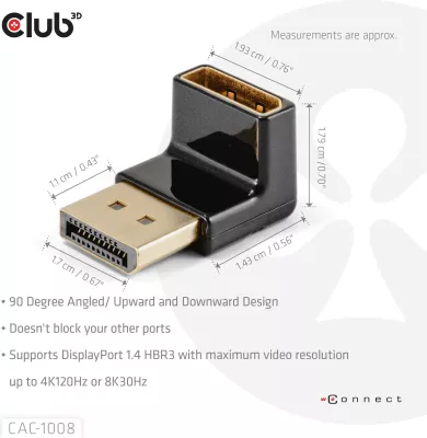 Adapter DisplayPort Club3D 1.4, 90 shkallë, 4K@120Hz, zi