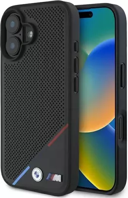 Mbështjellës BMW M Perforated Tricolor Line MagSafe për iPhone 16 Plus, Zi