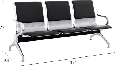 Ulëse treshe për pritje, stil aeroporti, metalike, jastëkë PU të zi, FH18400, 171x64x76cm