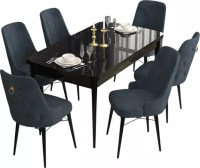Tavolinë me karrige për ngrënie, zgjatshme, 7 copë, Skye Decor, ngjyrë mermeri të zi, antracit