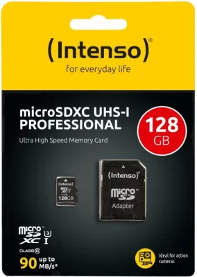 Kartelë memorje microSDXC Intenso UHS-I Professional 128GB Class 10 90MB/s, e zezë, me adapter SD