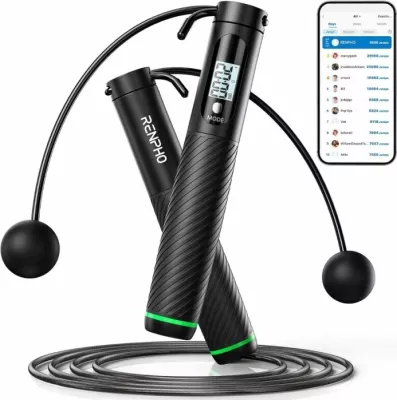 Litar kërcimi smart RENPHO R-Q008 wireless Bluetooth me ekran, 3 m i rregullueshëm, me topa pa litar + litar, i zi (set)