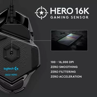 Maus gaming Logitech G502 HERO 910-005471, 25,600 DPI, 11 butona, RGB LIGHTSYNC, me kabllo, me pesha të rregullueshme, i zi