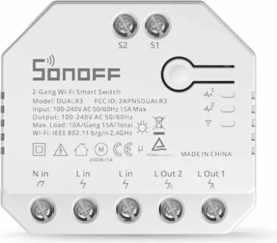 Switch smart Wi‑Fi 2-kanalësh SONOFF DUALR3, kontroll për perde/roleta, matje energjie, 100–240V 10A, 3300W, i bardhë