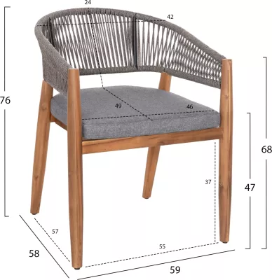Karrige për tavolinë terase NAVAN FH6135.01 dru akacie natyrale-litar najloni gri 59x58x76Hcm., set prej 4 copë