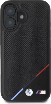 Mbështjellës BMW M Perforated Tricolor Line MagSafe për iPhone 16 Plus, Zi