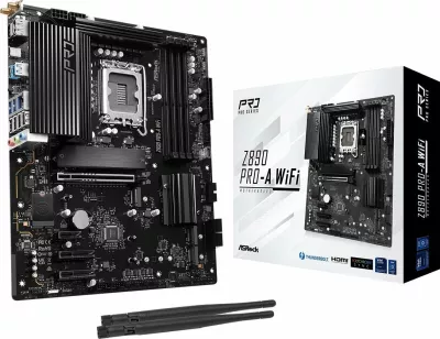 Pllakë amë ASRock Z890 Pro-A WiFi, ATX, Wi‑Fi 6E, Bluetooth, Thunderbolt 4, 256GB RAM max, e zezë, me 2 antena WiFi + 2 kabllo SATA