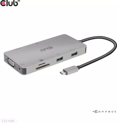 HUB USB-C Club3D 9in1, HDMI VGA 2xUSB RJ45 SD, 100W, zi/gri