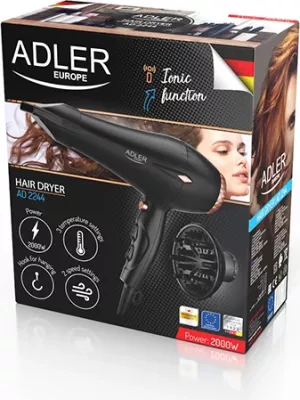 Tharëse flokësh, Adler AD 2244, 2000W, ION, 2 shpejtësi, 3 temperatura, funksion ajër i ftohtë, motor AC, difuzor dhe koncentrator, kabllo 3m, e zezë