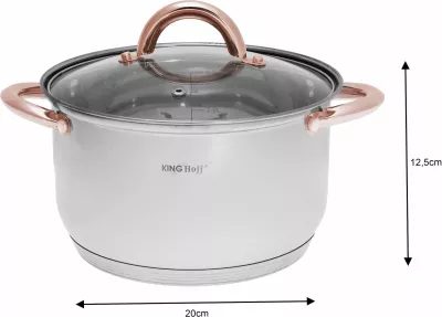 Set tenxheresh dhe tigan inox KingHoff KH 1768, 12 copë, për induksion, kapakë xhami, argjend me aksente rozë-ari
