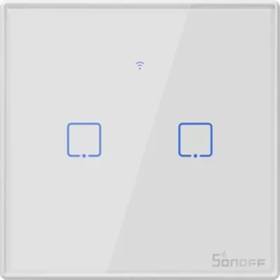 Switch muri smart SONOFF T2EU2C-TX, Wi‑Fi + RF433, 2 butona, bardhë