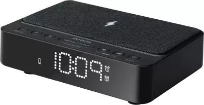 Orë alarmi me radio Aiwa CR-30BK, karikues wireless 5W, FM PLL, USB 1A, e zezë