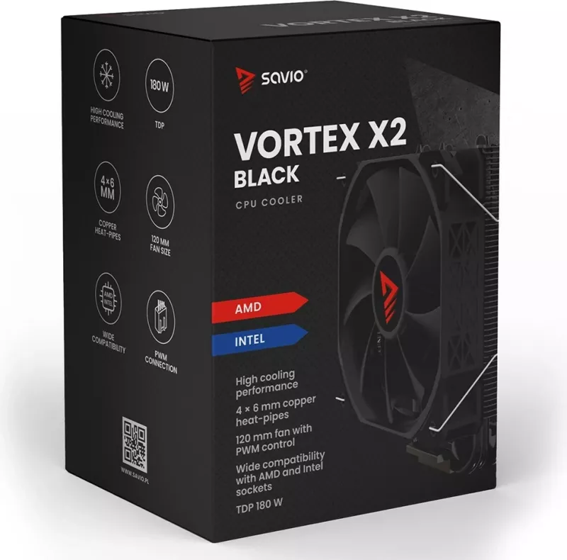 Ftohës ajri për procesor SAVIO VORTEX X2 BLACK, 12 cm, i zi