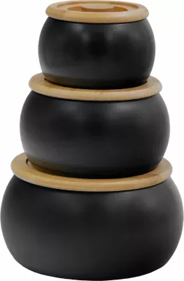 Set 3 kavanoza për ruajtje, porcelan i zi, kapak bambuje, 16x16x23cm
