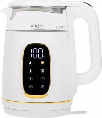 Çajnik elektrik ADLER AD 1305 WG 1.7L me kontroll temperature, ekran LED, prekje (touch), i bardhë/transparent me detaje ari