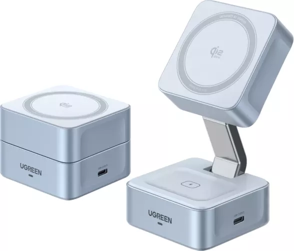 Karikues wireless magnetik 2-në-1 UGREEN MagFlow 55960B Qi2 25W, gri, me kabllo USB-C 1 m