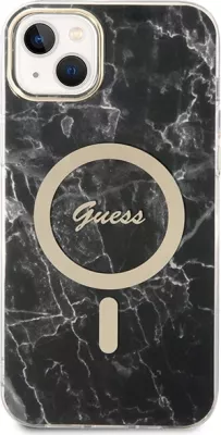 Mbështjellës Guess Marble Collection me MagSafe dhe karikues wireless për iPhone 14 Plus, 6.7", i zi, set
