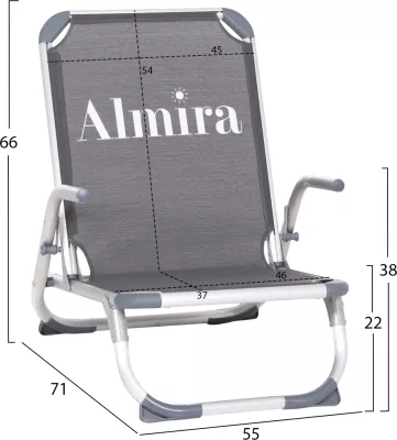 Karrige plazhi e palosshme, alumin i fortë, tekstilene gri, shpinë e lartë, Almira FH5053.10, 55x71x66cm