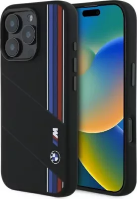 Mbështjellës BMW Silicone Cut Tricolor Lines MagSafe për iPhone 16 Pro, Zi