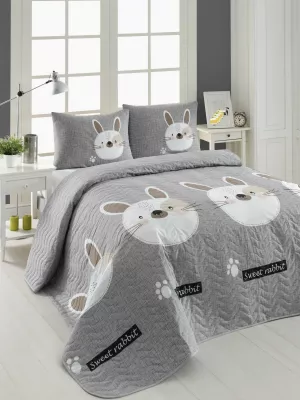 Set mbulesë krevati king, i qepur, Tavşancık, ngjyrë kafe e çelët, gri, rozë