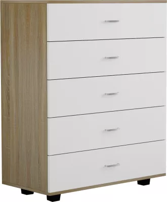 Komodinë melamine THORG FH8995.04 me 5 sirtarë, Sonama-Bardhë, 80Χ40Χ100H cm