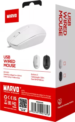 Maus Marvo MS003 me kabllo, 1000 DPI, sensor optik, 3 butona, e bardhë