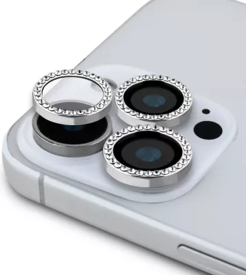 Mbështjellës xhami Guess BP Rhinestone 2in1 për ekran dhe lente, për iPhone 16 Pro Max, Argjendtë