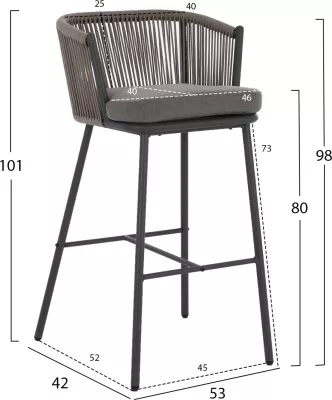 Karrige për bar, me skelet metalik dhe litar gri, FH5714.01, 53x42x101 cm