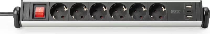 Rrymë shirit Digitus 6-porta me 3x USB, 1.5 m, e brendshme, Type F, alumini, e zezë, argjend