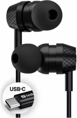 Kufje SANDBERG USB-C/A In-Earset 126-50, me mikrofon në kabllo, kabllo 1.2 m, set me adapter USB-C në USB-A + 3 palë tips, e zezë