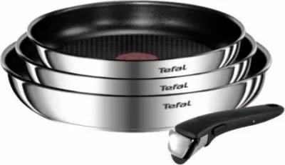 Set tiganësh Tefal Ingenio Emotion+ L9484S55 22/24/28 cm, dorezë e çmontueshme, veshje titan, set 3 copë, argjendtë