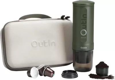 Aparat kafeje portativ espresso, OUTIN Nano A000011, 7500 mAh, 20 bar, 80 ml, kompatibil me kapsula Nespresso dhe kafe të bluar, i gjelbër, set me kuti mbrojtëse