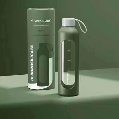 Shishe uji Wessper Activemax Crystalline 1L, xham borosilikat, kapak bambuje, me mbështjellës silikoni, jeshile ulliri