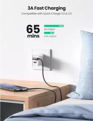 Kabllo USB-A në USB-C UGREEN 20857, 2m, 90° (right-angle), karikim i shpejtë 18W, 480Mbps, e thurur, e zezë