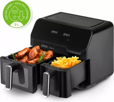 Fritezë me ajër UFESA Storm 2700W 9L (5.5L+3.5L) me dy shporta, e zezë